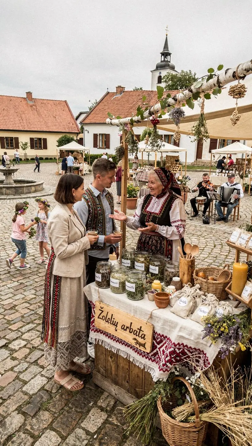Rankomis paruošta arbata, išdėstyta ant medinio stalo, aplink žolelių lapai.