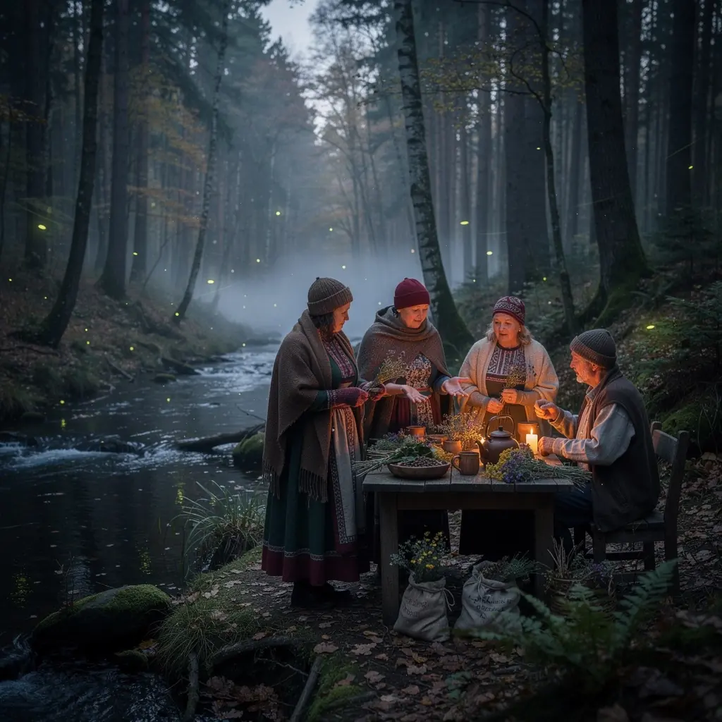 Šviežiai užplikyta žolelių arbata, garuojanti puodelyje, šalia miško peizažas.