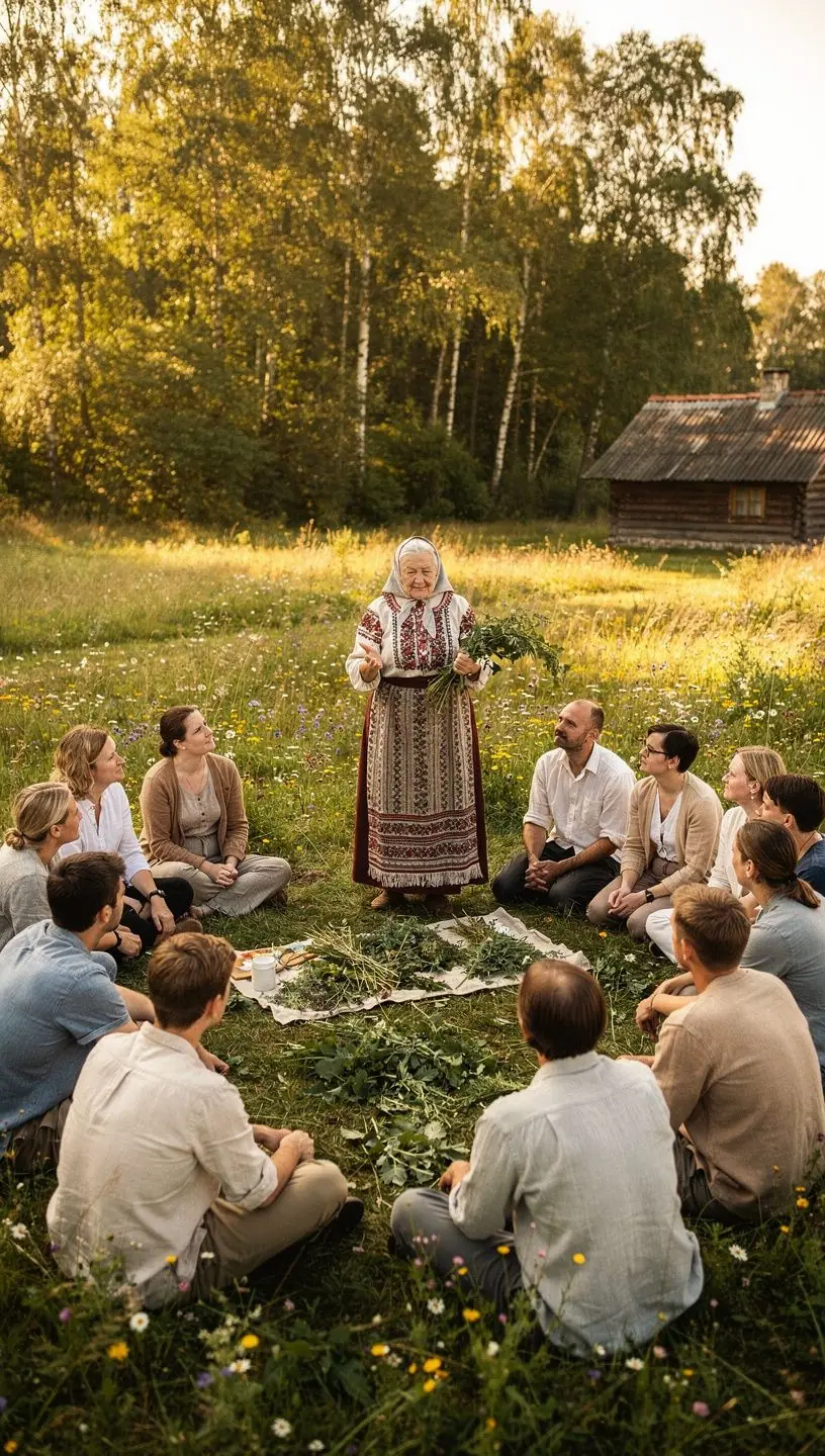 Arbatos ceremonija su draugais, šalia stalo, nukrauto žolelių arbatos puodeliais.